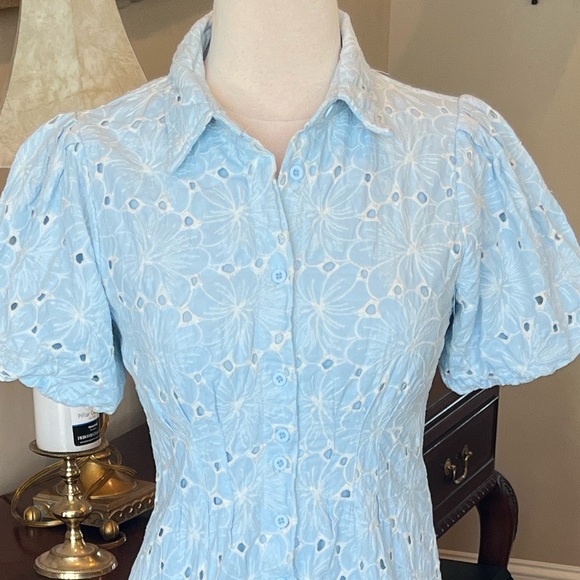 Avara Baby Blue Collared Puff Sleeve Midi Dress - Picture 5 of 8